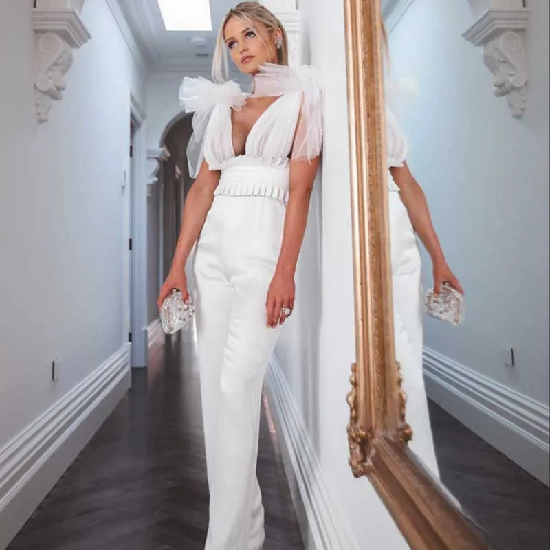 

wholesale 2019 Newest Summer Celebrity Party Bandage Jumpsuit Women Lace Sleeveless Deep V-Neck Sexy Runway Full Length Jumpsuit
