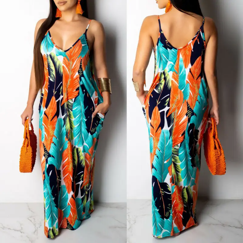  Women Boho Maxi Long Dress Sleeveless Spaghetti Strap Flower V-Neck Loose Dress Street Beach Dresse