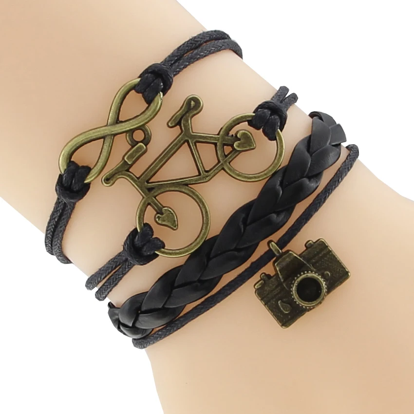 

Cute Antique Bronze Camera Pendant Female Charm Hollow Bicycle Infinity Leather Braided Bracelet Retro Jewelry F-CTSLB0115