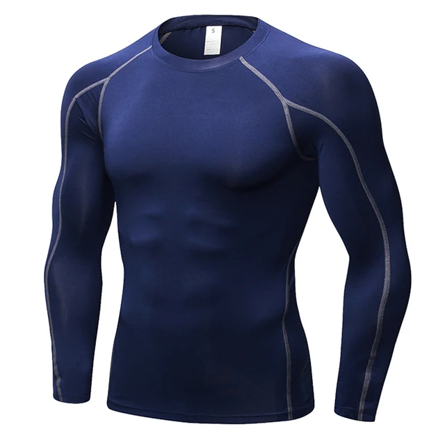 Мужской спортивный комплект для бега, компрессионная футболка+ штаны, облегающая кожу, с длинными рукавами, Рашгард для фитнеса, ММА, тренировочная одежда, спортивный костюм для йоги - Цвет: Navy Blue T-shirt