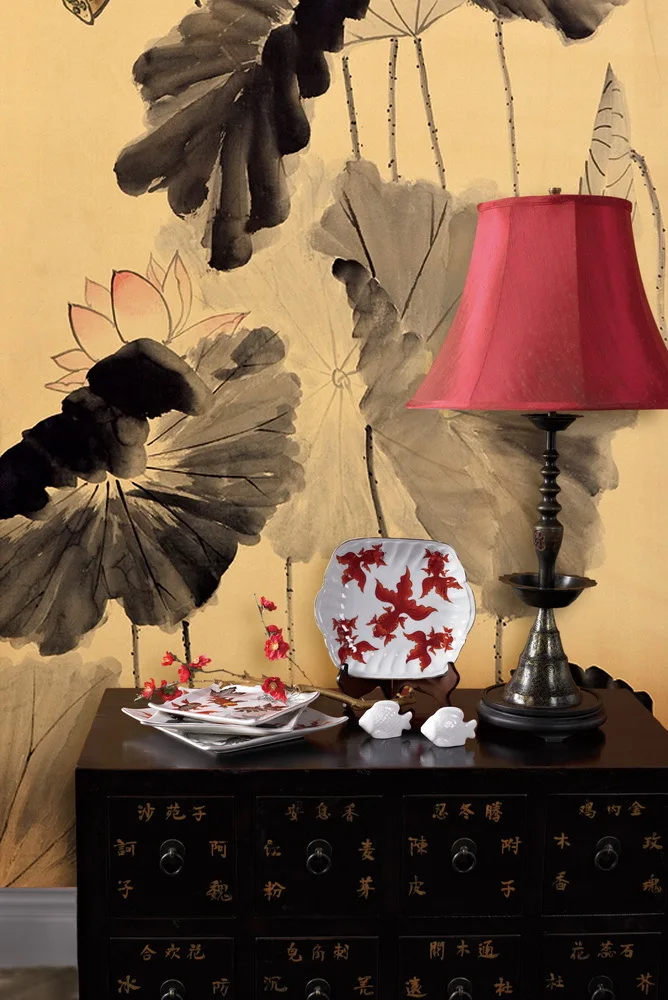 Hand painted silk wallpaper painting lotus with birds hand painted wall