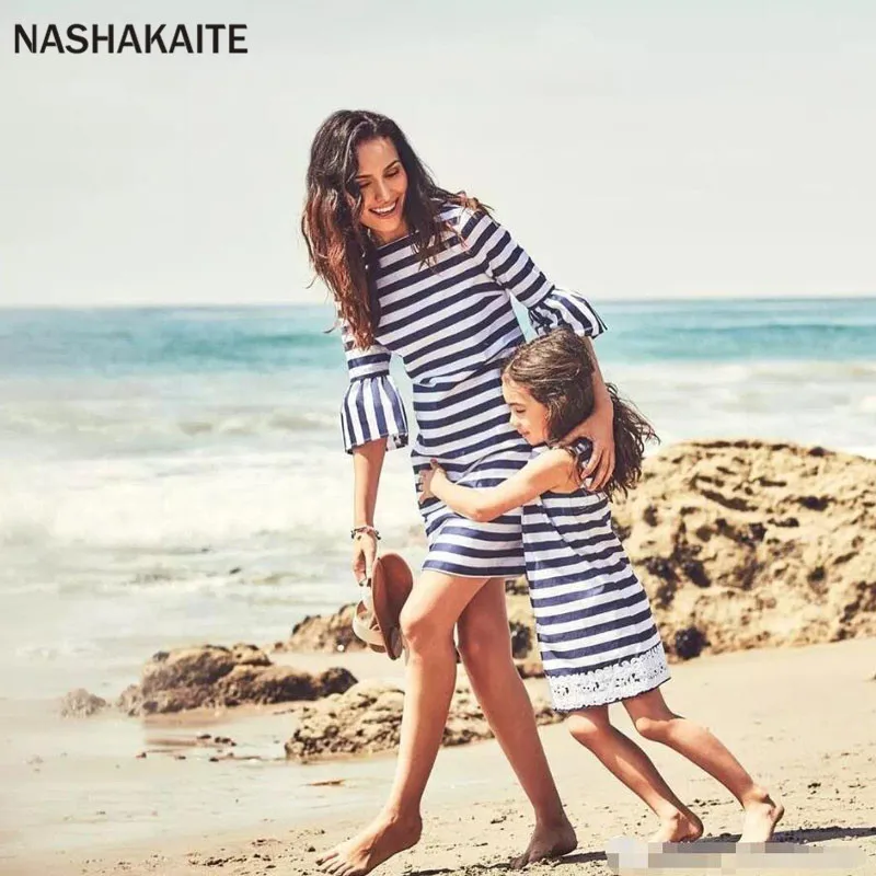 

NASHAKAITE Mom and daughter dress 2018 Stripe Flare Sleeve Mini Dress Family Matching Clothes mom and daughter matching clothes