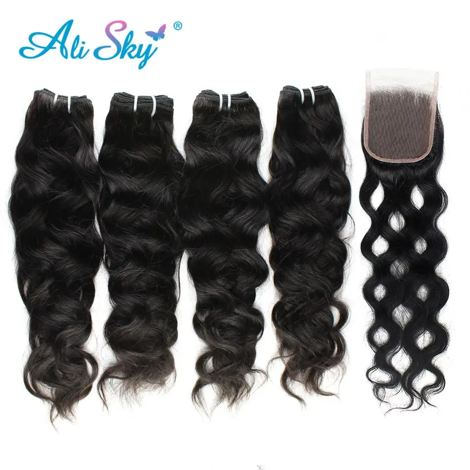 Natural wave Peruvian 4bundles with one piece Lace closure 100% human hair no tangle no shedding non remy can be dyed Ali Sky