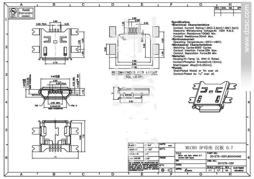 2000 шт./лот 5 P V8 Порты и разъёмы Micro Зарядка через usb Jack 4 SMT Порты и разъёмы