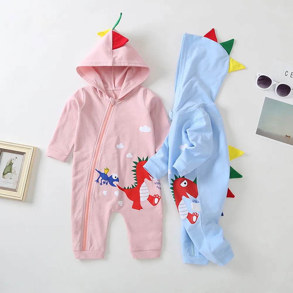 

Infant Toddler Baby Girls Boys Cotton Fashion Character Dinosaur Cartoon Zipper Caps Romper Jumpsuit clothes