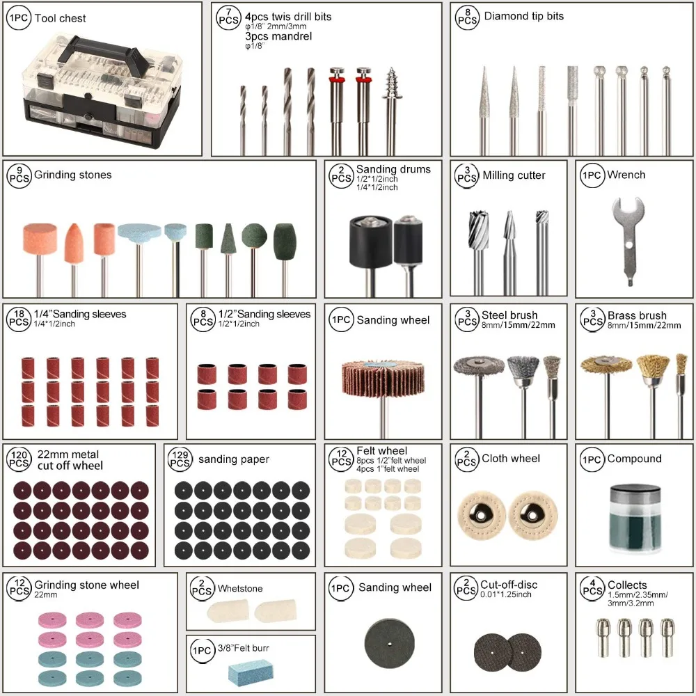 Набор аксессуаров для роторного инструмента SPTA, 349 шт., шлифовальная полировка, сверление, 1/" хвостовик, электрическая шлифовальная машина для легкой резки, шлифовальная резьба