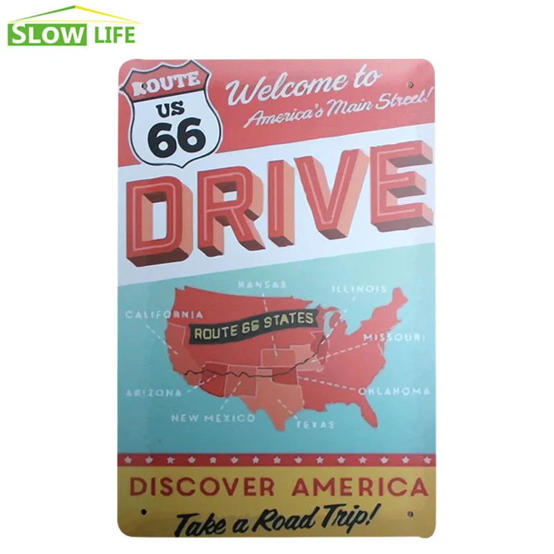 Route 66 Drive Cafe Bar Pub Wall Decor Metal Sign Vintage
