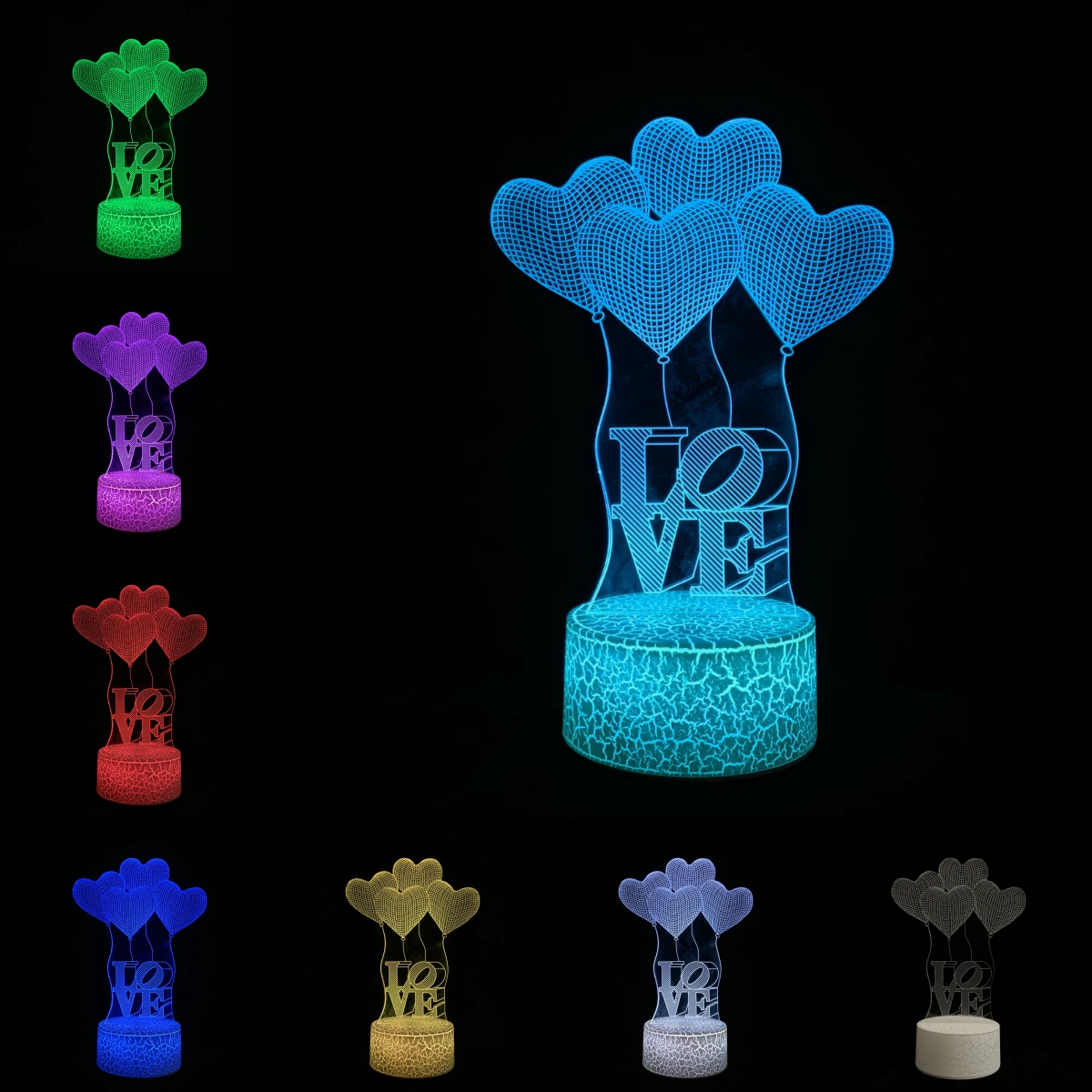Romantic Four Heart Love 3D Lamp LED USB Night Light Multicolor Table Desk Bedside Valentine