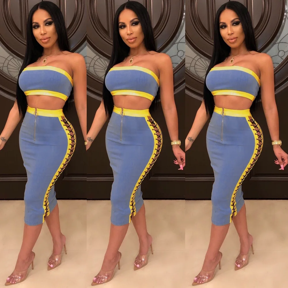 

Sexy Patchwork Bandage Strapless Sleeveless Zipper Knee-Length Club Dress Women Suits