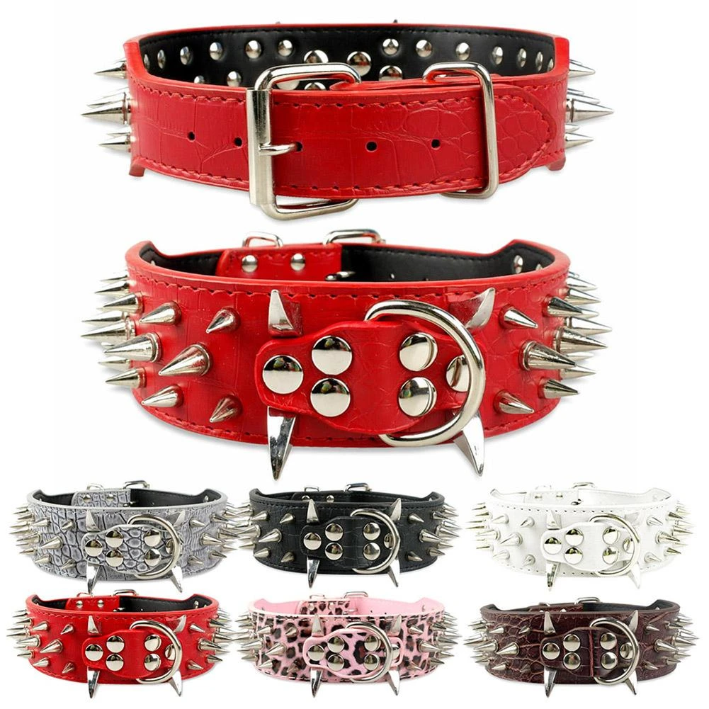 Spiked Studded Pu Leather Pet Dog Collar Bulldog Rivet Adjustable Safety Supplies New,rose Red