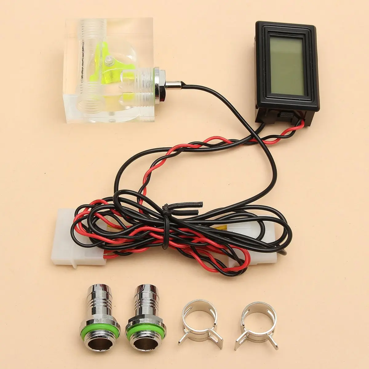 

Water Liquid Cooling 3 Way Flow Meter LED Light Thermometer G1/4 Threaded Connector
