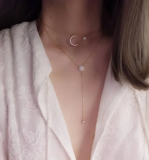 

33+7cm choker necklace Delicate Moon star cubic zirconia paved for Multilayer Tassel pendant Necklace Charm women party jewelry