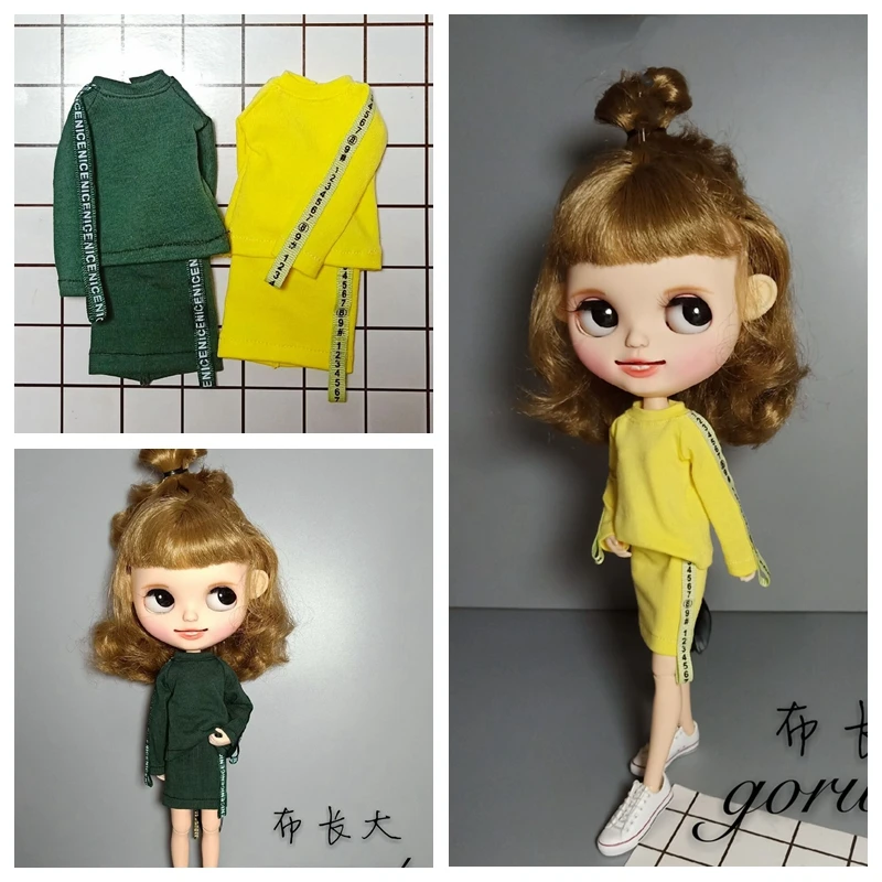 

Casual Long-sleeve T-shirt and Skirt Fashion Girl Clothes for Doll yellow/green Hoodie for blyth,OB24,Azone 1/6 Doll Accessories