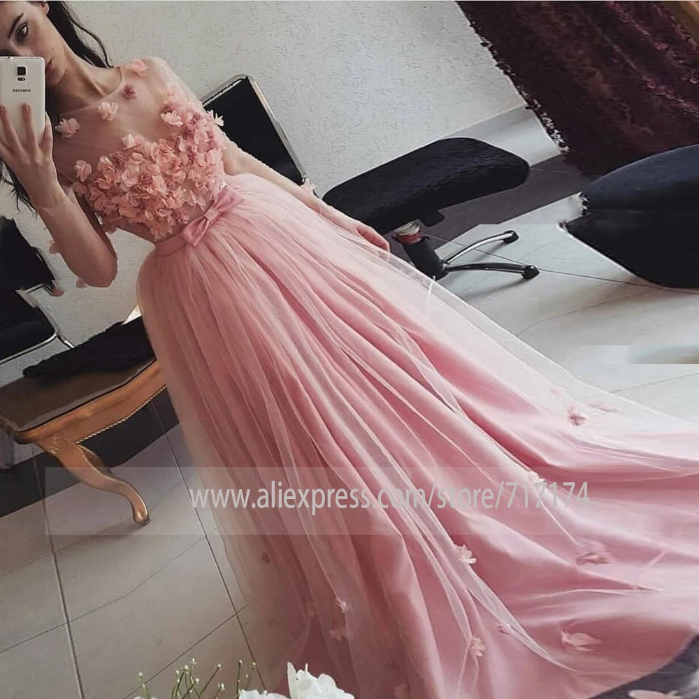 

Gorgeous Pink Long Sleeves Prom Dress 3D Flowers Illusion Tulle Fomal Evening Dresses Custom Princess Special Event Gowns