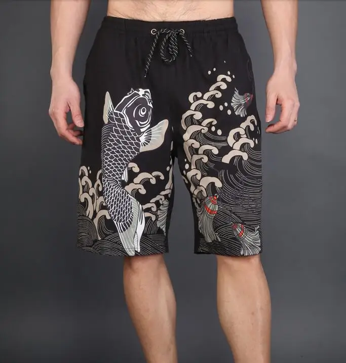 

Loose Straight Plus Size Men Punk Streetwear Fish Floral Vintage Print Half Short Pant Japanese Casual Jogger Fit Workout Harem