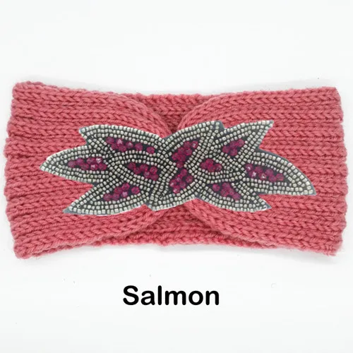 Зимний вязаный шерстяной женский фиолетовый вышитый бисером теплый Тюрбан повязка на голову держатели головных уборов вечерние аксессуары для волос для девочек - Цвет: Salmon