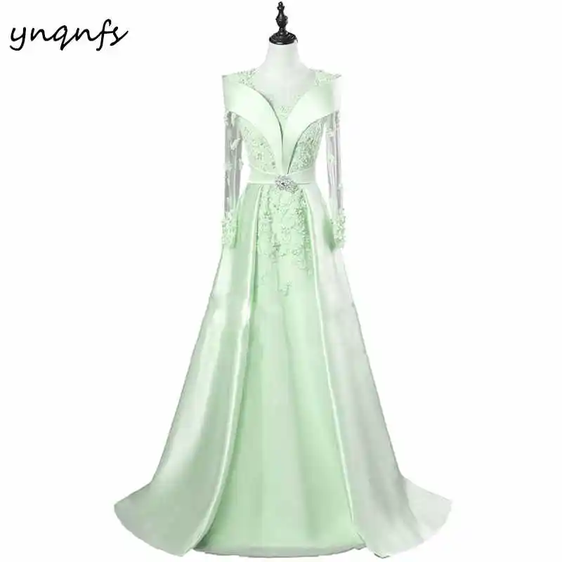 YNQNFS M80 Винтаж атлас с длинным рукавом кружево халат Soiree Дубай желтый Vestido мать невесты торжественное платье для женщин Элегантный - Цвет: Mint Green