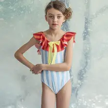 Для девочек полосатое бикини купальники купальный костюм Пляжная одежда белого и голубого цвета в Вертикальную Полоску с круглым вырезом и бантом; Треугольники купальник A1