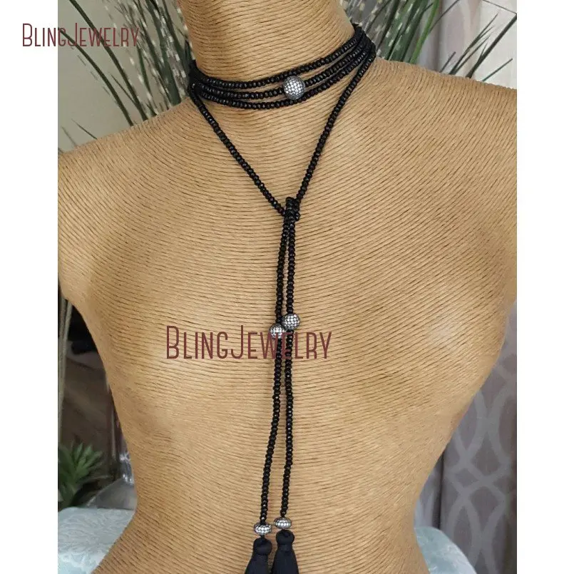 

Organic Elegance Necklace Black Crystals Lariat Tassel NM20822