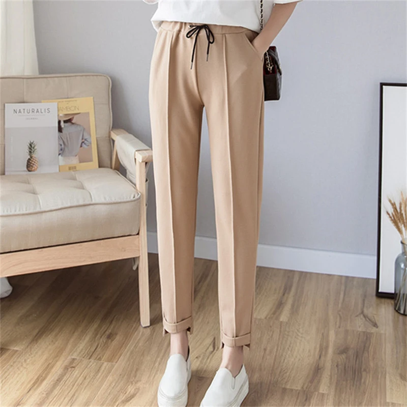 Pantalones para mujer 2019 Primavera Verano moda femenina sólido elástico cintura alta Casual lápiz pantalones de chándal pantalon |Pantalones y pantalones capri| - AliExpress