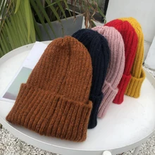 Повседневные мужские и женские зимние шапки HT2151, однотонные Лыжные шапки Skullies, плотные теплые вязаные шапки с манжетами, Лыжные шапки для женщин