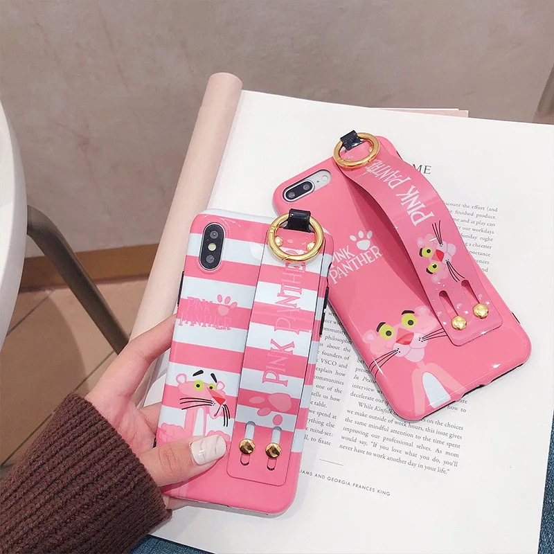 Luxury Cartoon Pink Panther Phone Case For iPhone 7 Puls 6 6S 8 X XS Max XR Cases Soft silicon Wristband Back Cover |