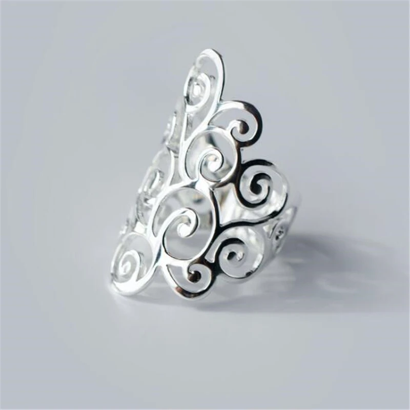 

100% 925 Sterling Silver Retro Spiral Filigree Swirl Polish Finished Band Long Ring thumb Adjustable Jewelry Women Men J786
