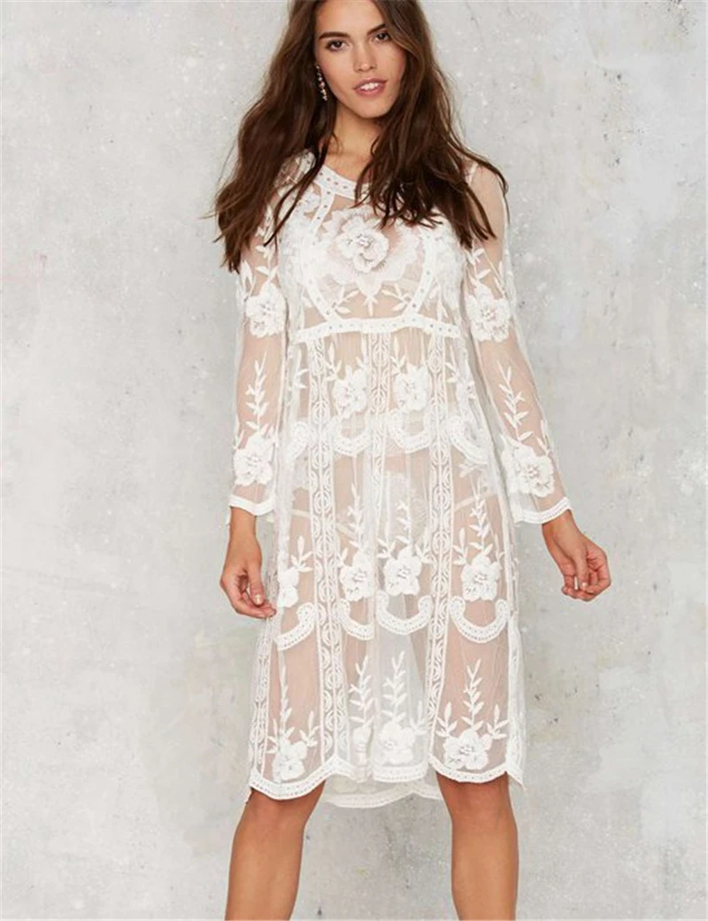 Summer Long Sleeve White Lace Dress Women Holiday Knee Length Delicate ...