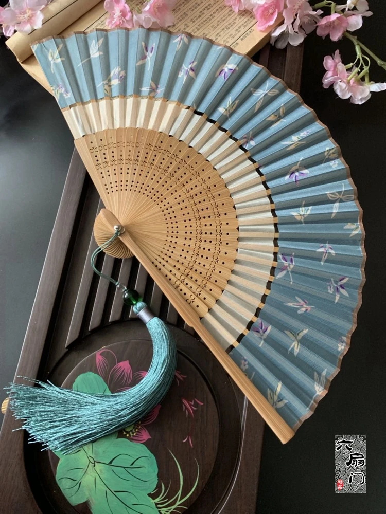 

Chinese Style Double Fan Folding Cloth Retro Style Cheongsam Hanfu Small Folding Fan Portable Summer Female Dance
