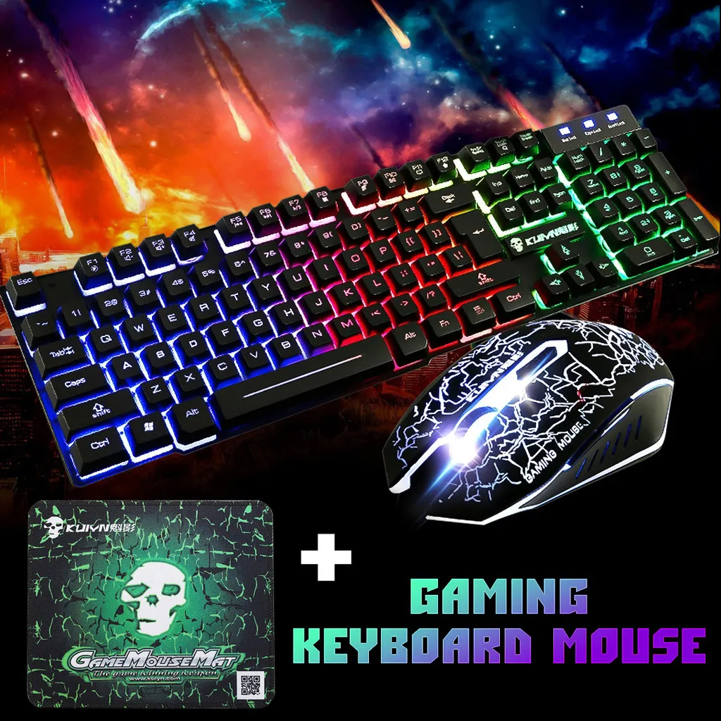 

T6 Rainbow Backlight Usb Ergonomic Gaming Colorful Keyboard and Mouse Set for PC Laptop for Tablet Desktop Russian sticker