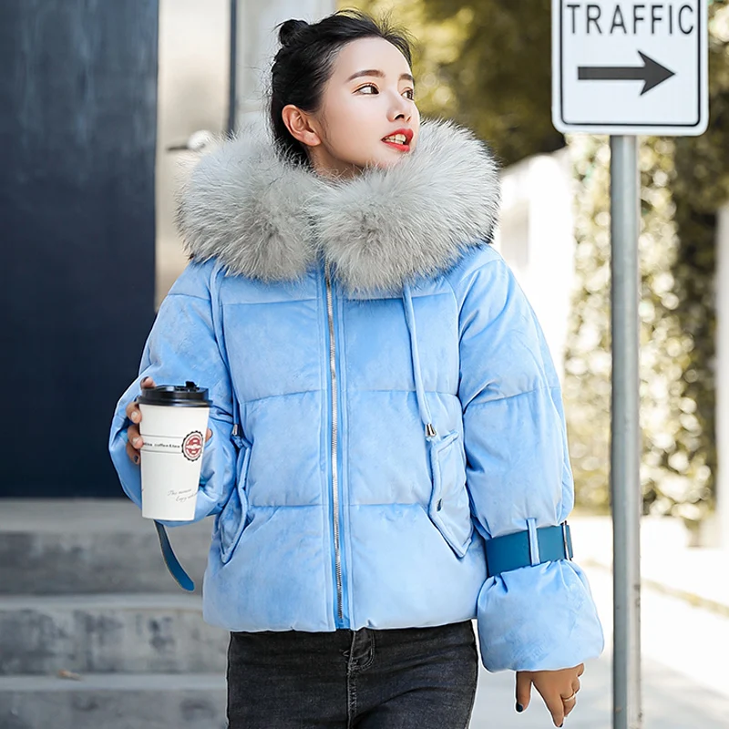 SNOW PINNACLE Autumn Winter short parkas jacket Pink flannel fabric big fur thick warm hooded jacket coat Styled fashion parka