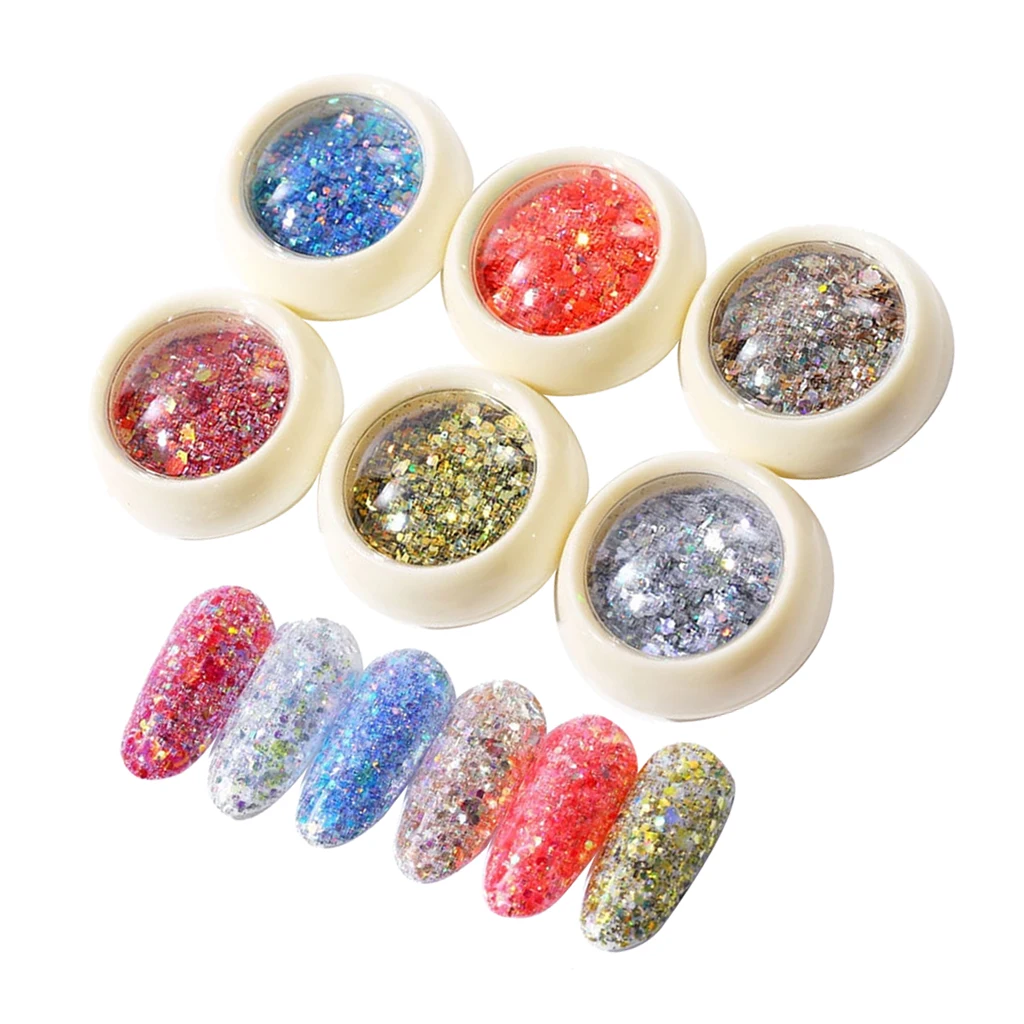 6 Jars Shiny Nail Flake Glitter Powder Nail Tips Decor Foil Sequins