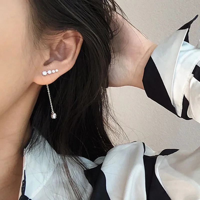 

Sweet S925 Sterling Silver Pin Shiny AAA Zircon Long Chain Drop Earrings for Women Wedding Bridal Charm Statement Jewelry Gift