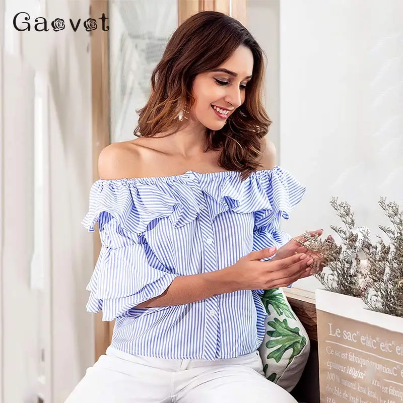 

New Design Stripes Women's Shirt Ruffles Slash Neck Short Blue Shirt 2019 Summer Fashion Sexy Shirts Ladies Tops