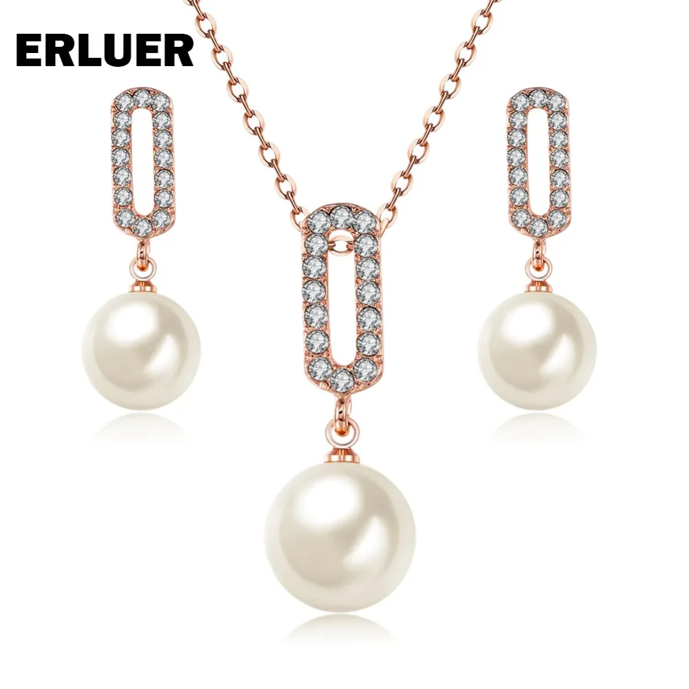 

ERLUER imitation pearl jewelry fashion gold color wedding bridal crystal necklace earring sets Party popular girl accessories