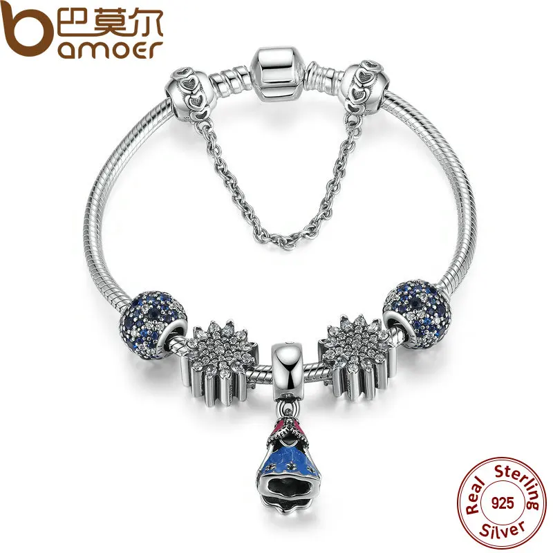 

BAMOER 925 Sterling Silver Snake Safety Chain Bracelet With Ariel's Ice Crystal,Ocean Mosaic Pave Jewelry PSB005