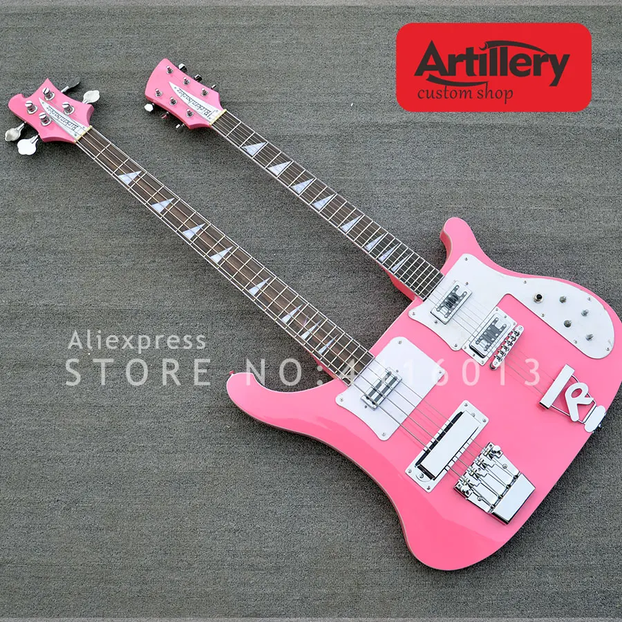 

Artillery custom Double neck Rickenback guitar 4 string bass 6 strings electric guitar pink color musical instument shop