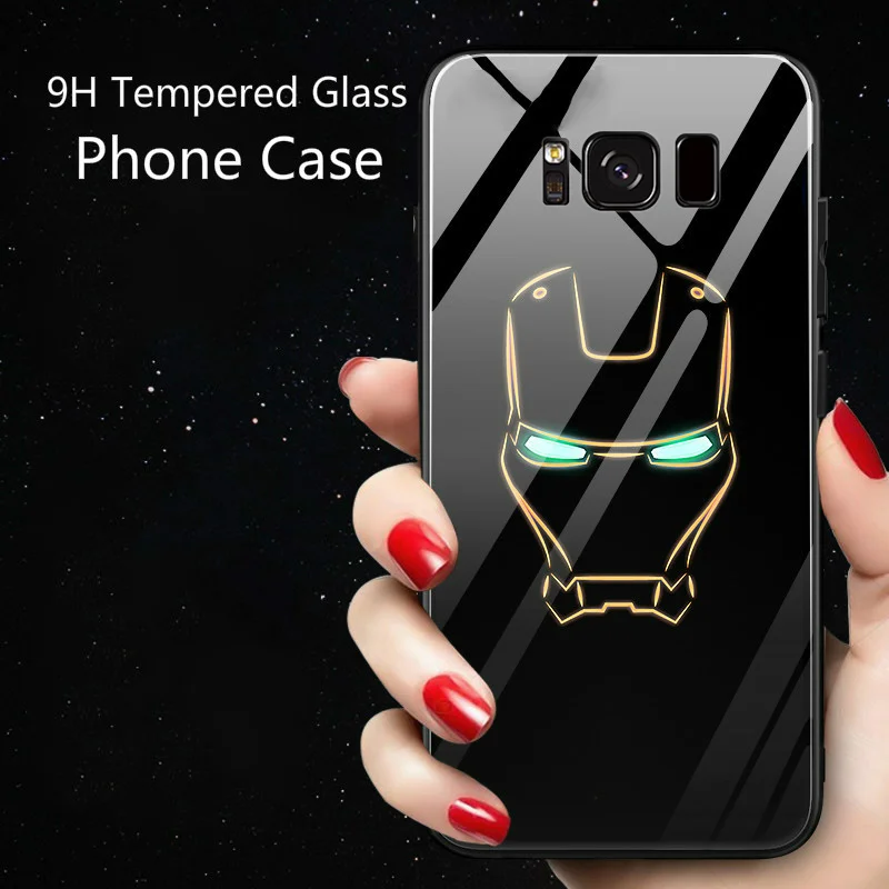 Avengers Marvel Batman Captain America Iron Man Luminous Glass Case For Samsung Galaxy s8 s9 s10 Plus Note 8 Black Panther Case