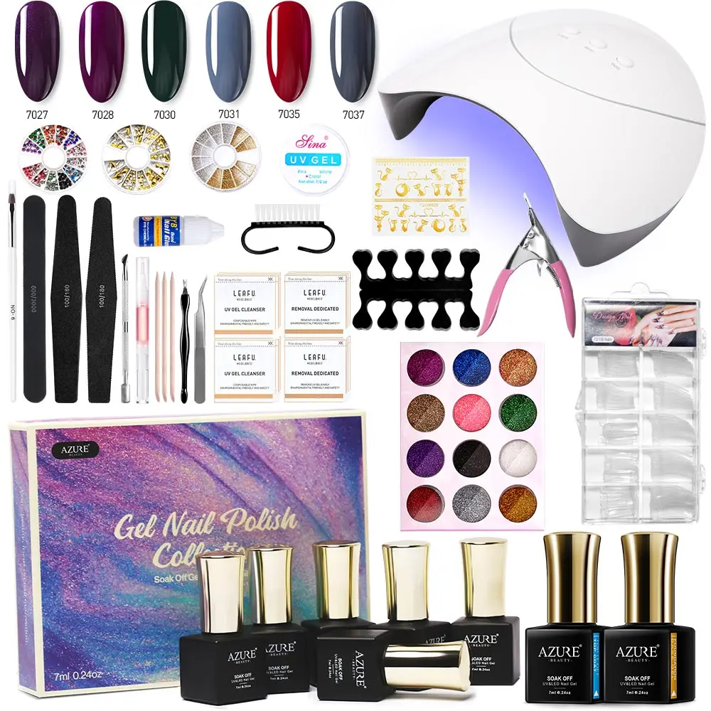 

Azure Beauty 34Pcs/Lot 36W Z3 Led Lamp Nail Art Tools Manicure Set Smart Sensor UV Lamp 6 Color Semi Permanent Gel Base Top Coat