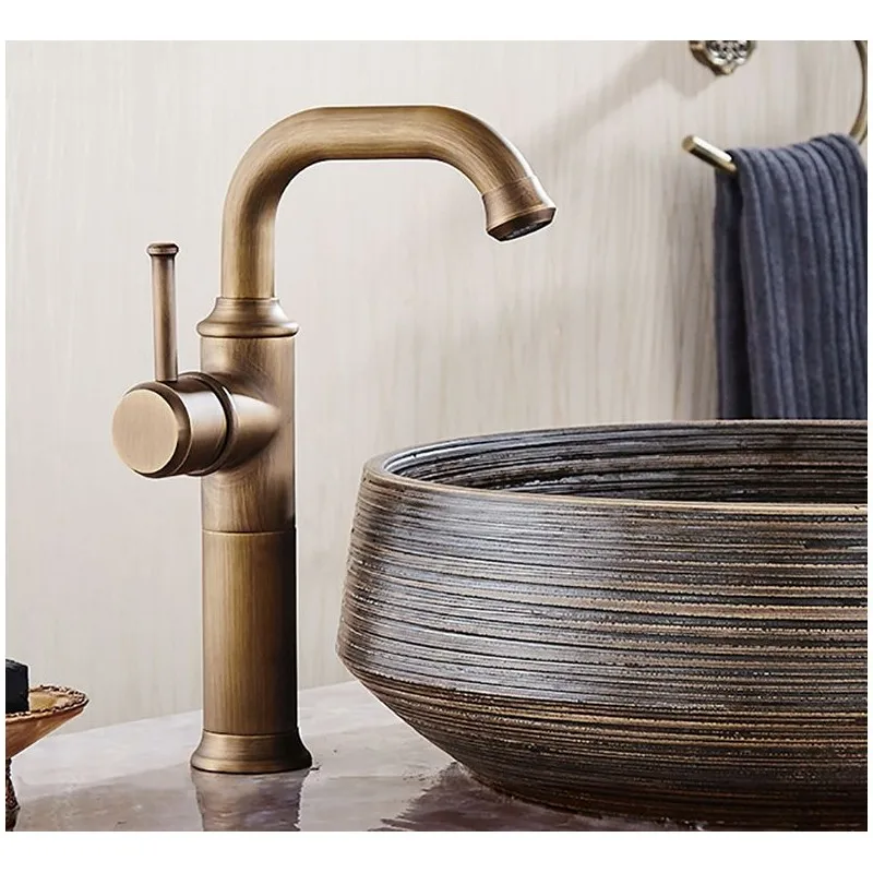 Basin Faucets Antique Brass Faucet Bathroom With Single Handle Vintage Deck Mount Torneiras Hot Cold Bath Mixer Water Tap 58800 - Цвет: antique
