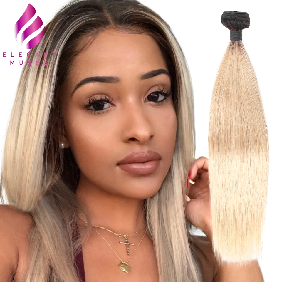 Элегантный 1B 613 Ombre блондинка бразильский прямые волосы пучки 2 Tone Dark Roots Platinum не