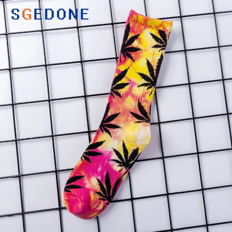 High-quality Tie-dyed Maple Leaf Socks Long Fashion Weed Socks Men Skateboard Hiphop Socks Meias Women Couple Cotton Socks 1Pair - Color: 03