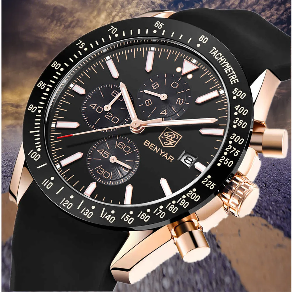 BENYAR мужские часы Лидирующий бренд водонепроницаемые спортивные кварцевые часы с хронографом водонепроницаемые военные часы мужские часы Relogio Masculino BY-5140M