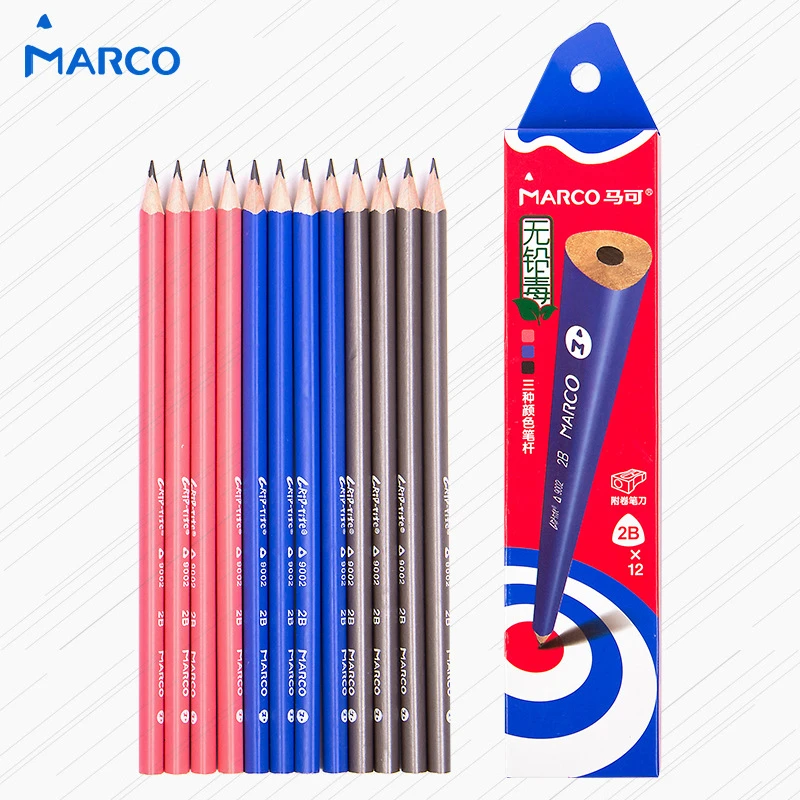 

MARCO 9002 Black Pencil Rod Triangle Rod Rubber Head Writing Pencil Student Pencil HB 2H 2B (12 pieces)