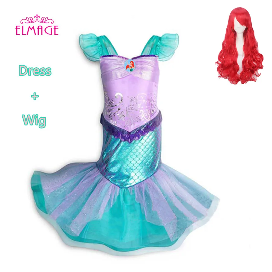 Розовое платье принцессы для девочек для костюмированной вечеринки с единорогом; карнавальный костюм на день рождения Ариэль; Костюм Русалки для косплея; Одежда для девочек - Цвет: Mermaid-wig