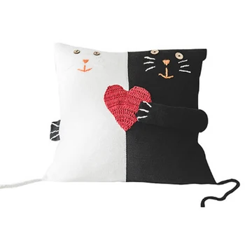 

Black and White Cat Red Heart Love Knitting Throw Pillow Case 100% Cotton Knitted Home Wedding Decorative Pillowcase for Office
