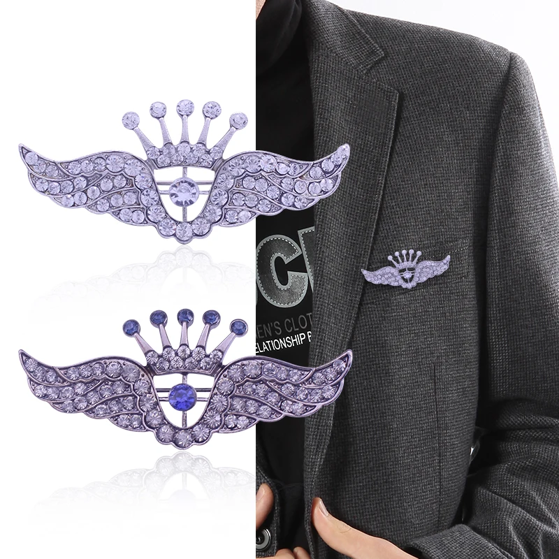 

Trendy Crystal Angel's Wings Brooch Rhinestone Crown Brooch For Men Broches Father's Gift Mens Jewelry Drop Shipping Xmas Gift