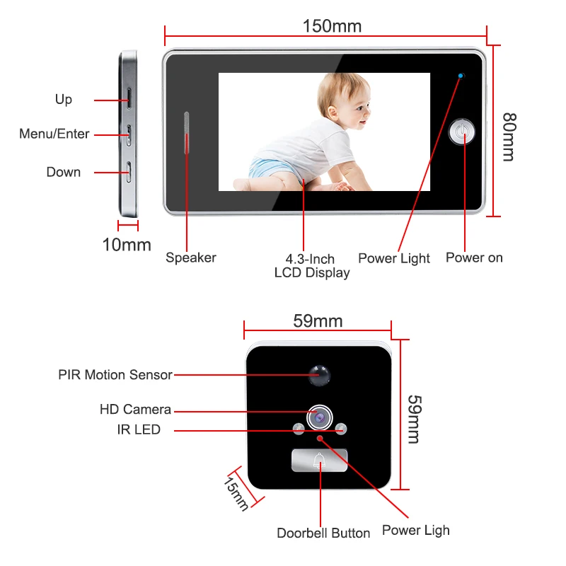 Saful Newest 4.3'' LCD Screen Moniter Peephole Camera Door Viewer 32 Ringtones Door Camera Digital Video Doorbell for smart home