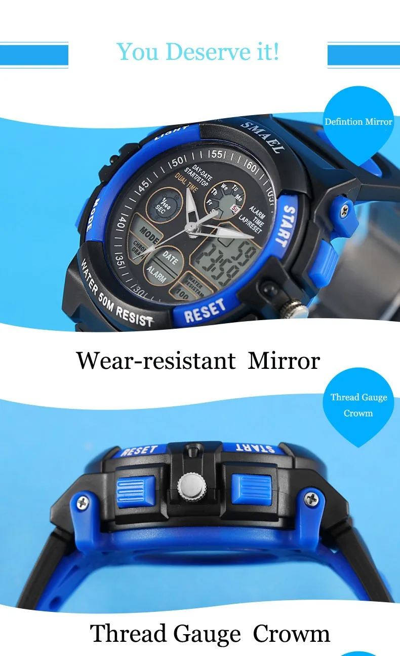 SMAEL светодиодный дисплей для детей цифровые часы 50 м водонепроницаемые детские спортивные часы многофункциональные кварцевые наручные часы для мальчиков и девочек