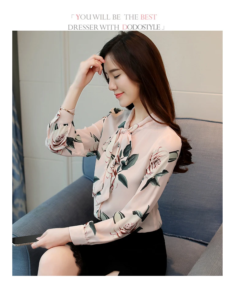 Dingaozlz Корейская шифоновая блузка с принтом и длинным рукавом Новая модная шифоновая рубашка с бантом Повседневная одежда женские топы